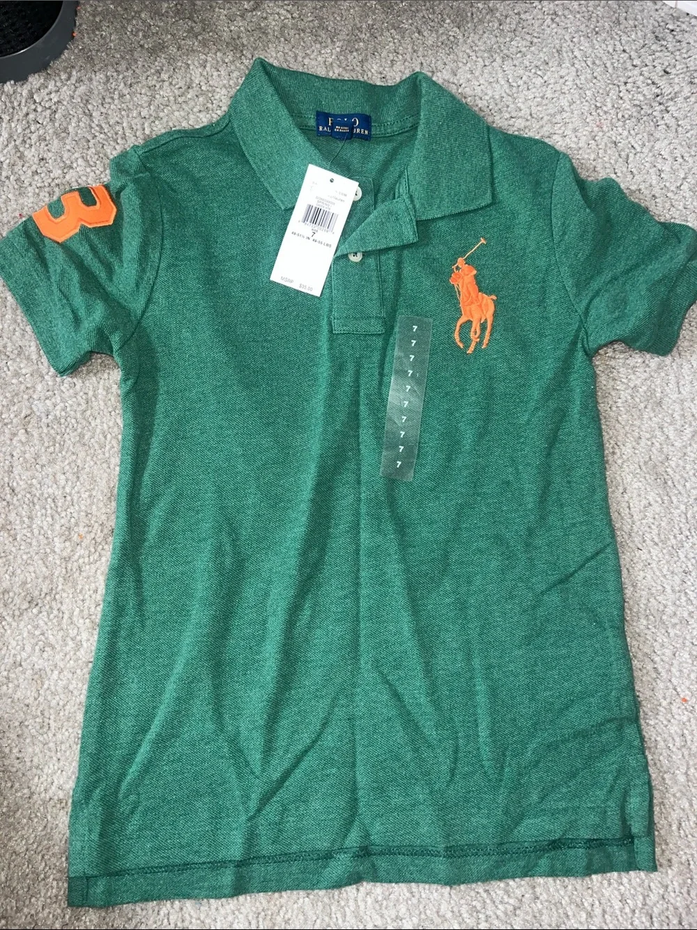Ralph Lauren Green Polo with Orange Pony and Sleeve Patch - Kids
